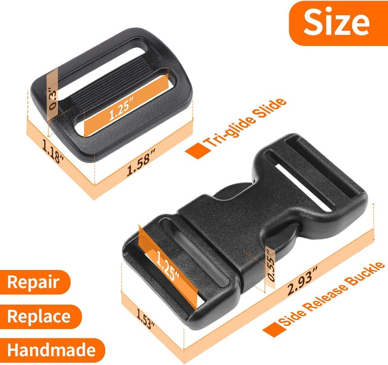 BEYOURD Heavy-Duty Buckles and Strap Set 1-1/4": 6 Yards of Thick Nylon Webbing, 6-Pack Adjustable Quick Side Release Plastic Buckles, 12 Tri-Glide Slide Clips, Black (1 1/4 Inch Combo Set) - Image 5